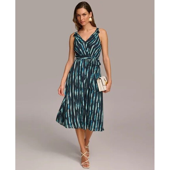 Donna Karan New York Women's Printed Belted A-Line Dress Teal Navy Midi Dress 12 - Picture 1 of 11